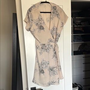 Lush Tan and Pink Flutter Sleeve Wrap Mini Dress